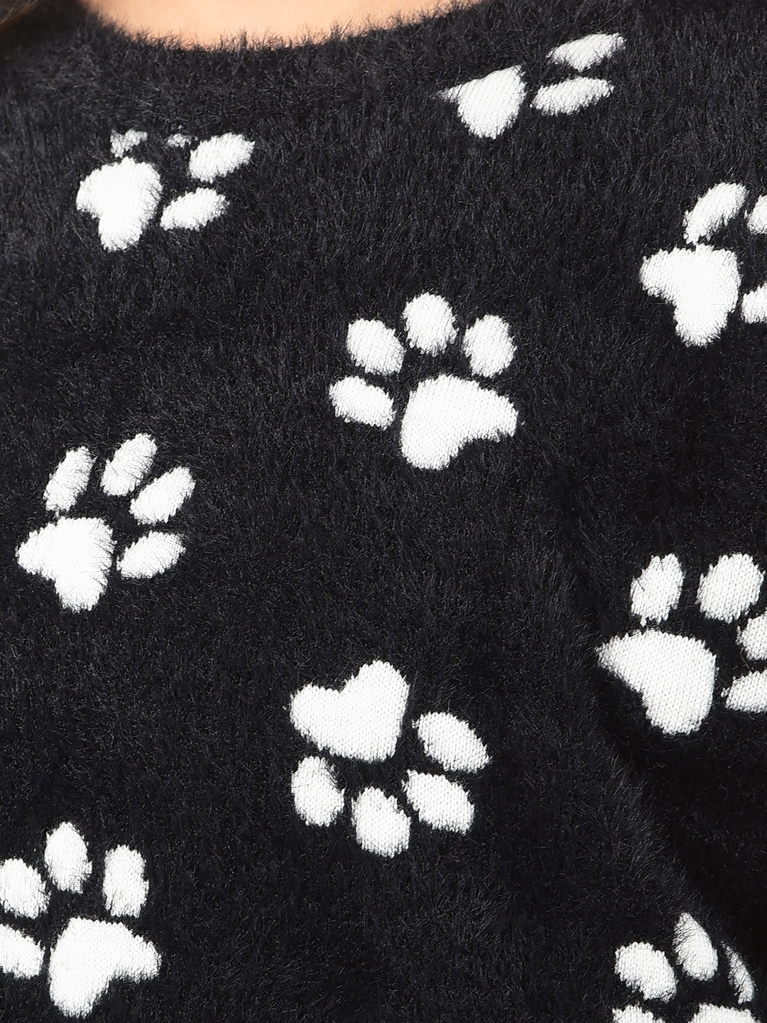 Black Printed Fur Sweater-Girls Sweaters-Crimsoune Club