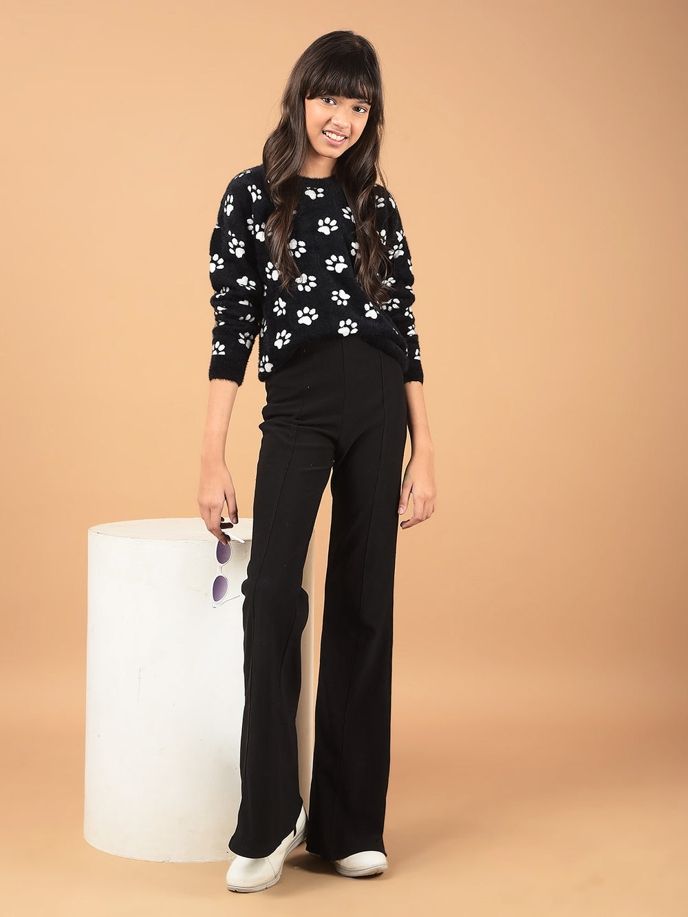 Black Printed Fur Sweater-Girls Sweaters-Crimsoune Club