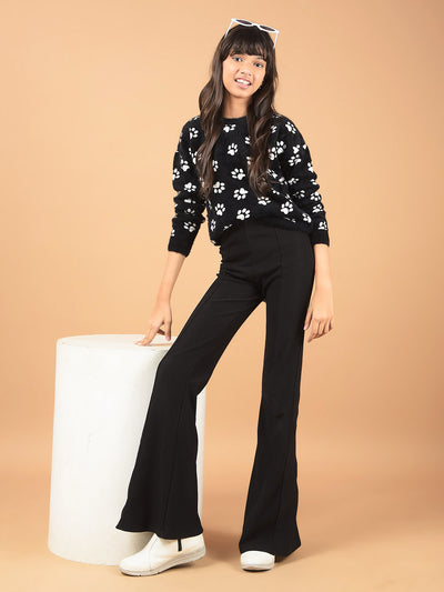 Black Printed Fur Sweater-Girls Sweaters-Crimsoune Club