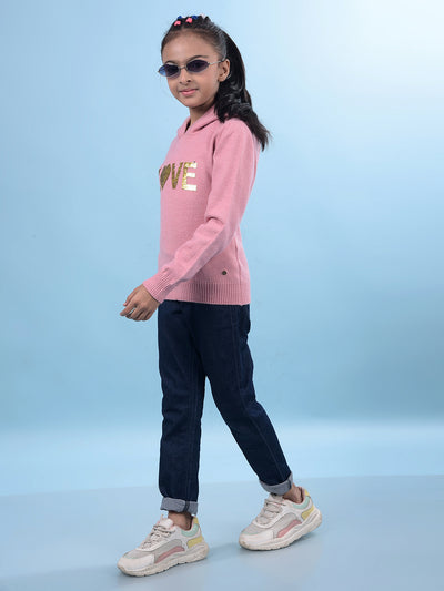 Pink Embellished Hooded Neck Sweater-Girls Sweaters-Crimsoune Club
