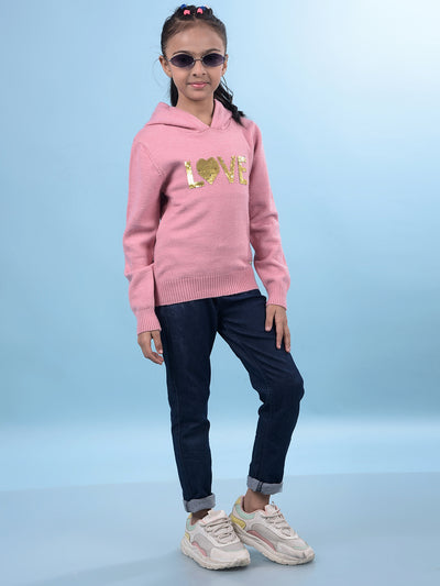 Pink Embellished Hooded Neck Sweater-Girls Sweaters-Crimsoune Club