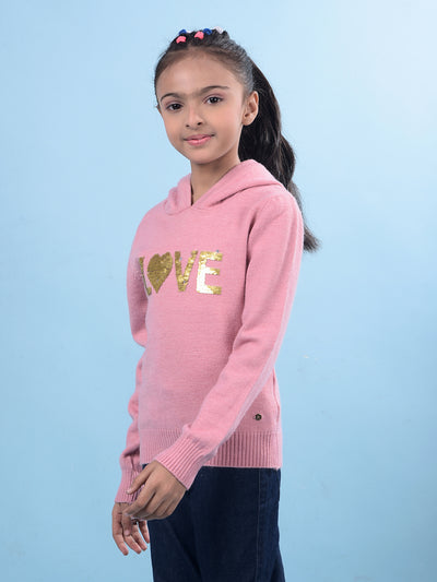 Pink Embellished Hooded Neck Sweater-Girls Sweaters-Crimsoune Club