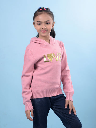 Pink Embellished Hooded Neck Sweater-Girls Sweaters-Crimsoune Club