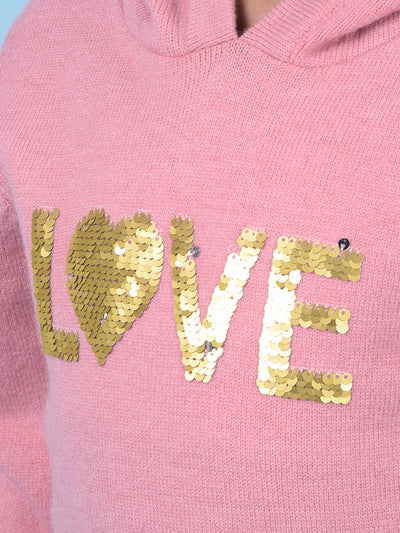 Pink Embellished Hooded Neck Sweater-Girls Sweaters-Crimsoune Club