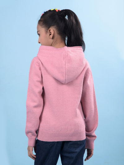 Pink Embellished Hooded Neck Sweater-Girls Sweaters-Crimsoune Club