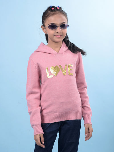 Pink Embellished Hooded Neck Sweater-Girls Sweaters-Crimsoune Club