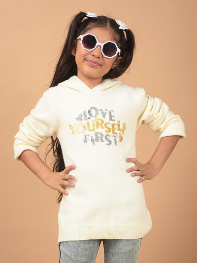 Off White Embellished Hooded Neck Sweater-Girls Sweaters-Crimsoune Club