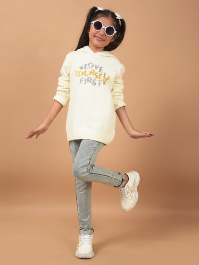 Off White Embellished Hooded Neck Sweater-Girls Sweaters-Crimsoune Club
