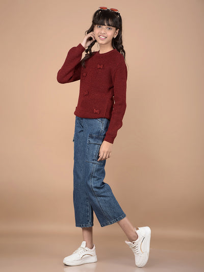 Red Embroidered Sweater-Girls Sweaters-Crimsoune Club