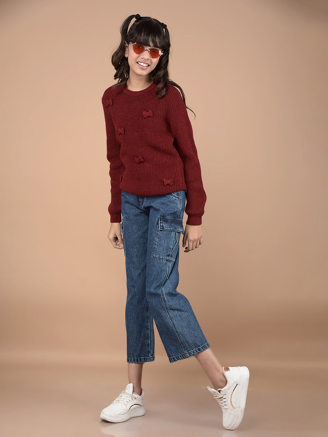 Red Embroidered Sweater-Girls Sweaters-Crimsoune Club