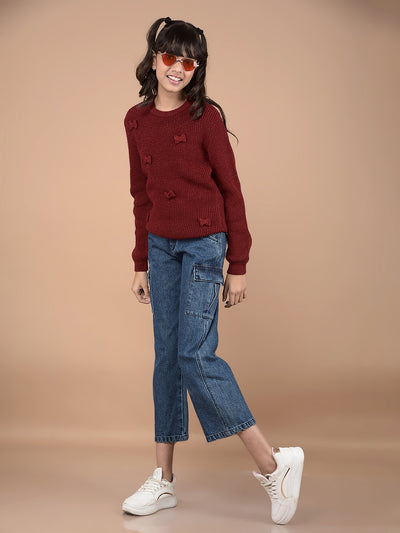 Red Embroidered Sweater-Girls Sweaters-Crimsoune Club