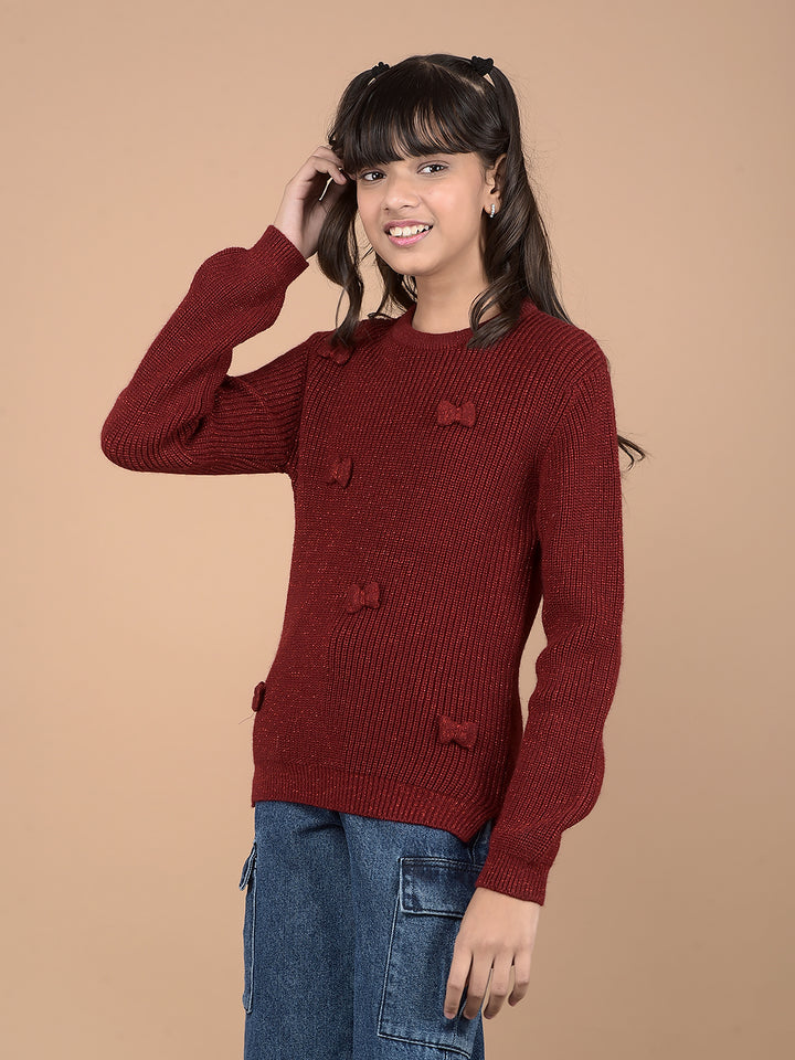 Red Embroidered Sweater-Girls Sweaters-Crimsoune Club