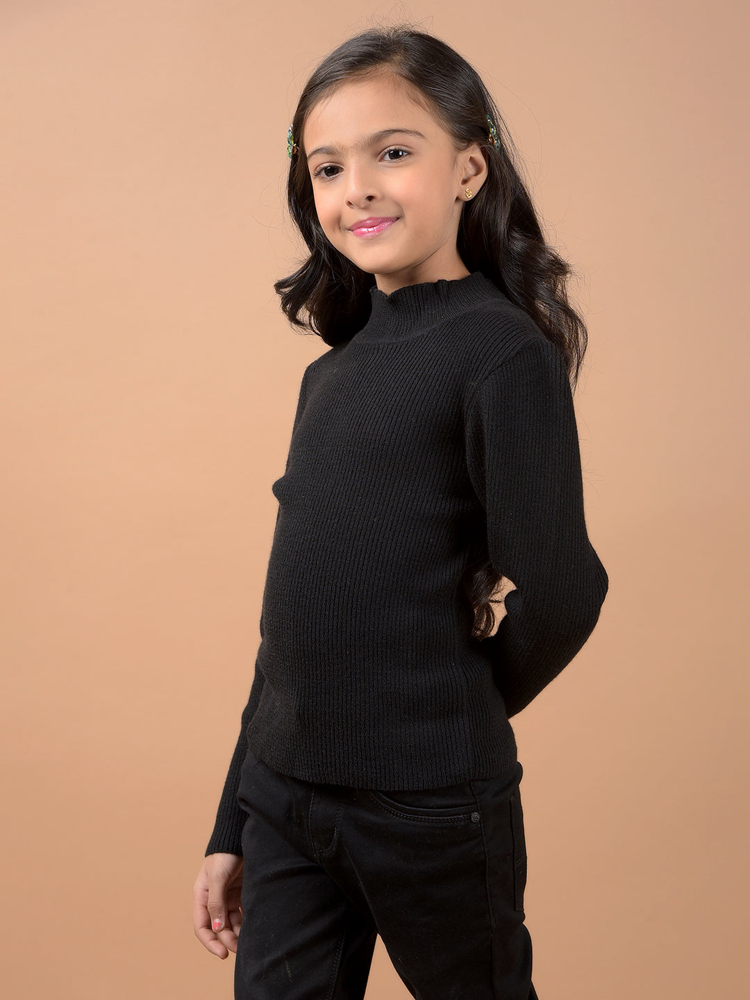 Black Jacquard High Neck Sweater-Girls Sweaters-Crimsoune Club