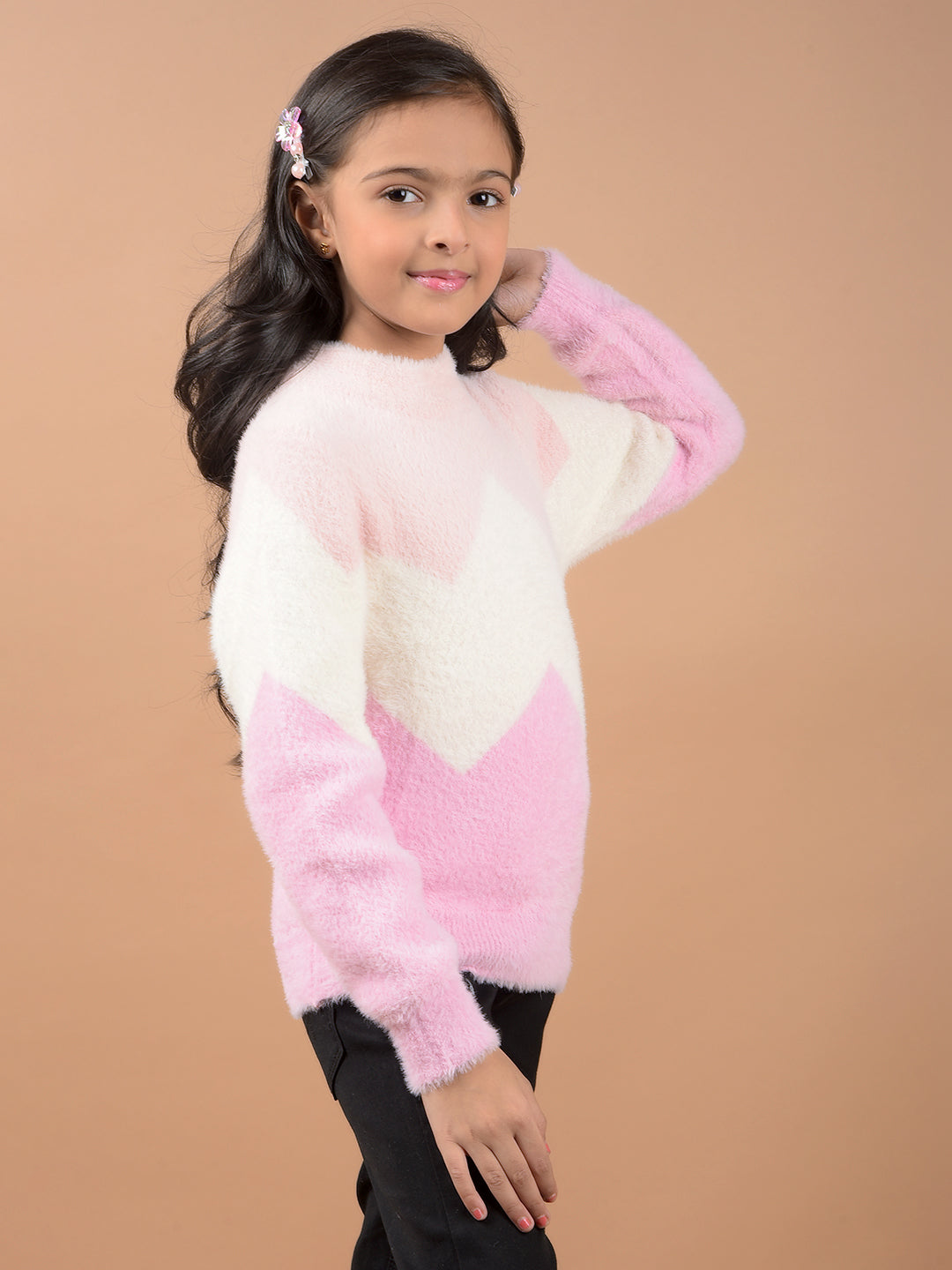 Pink Color-Block Sweater-Girls Sweaters-Crimsoune Club