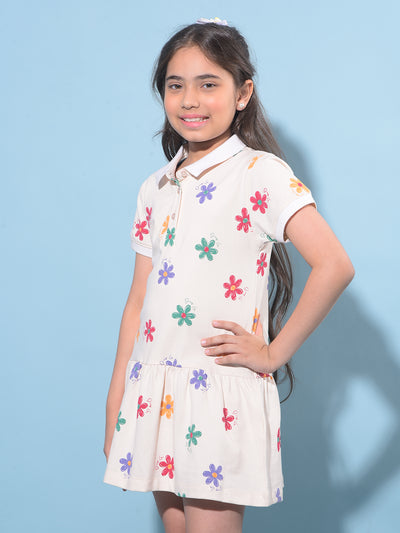 Off White Floral Printed Cotton T-Shirt Dress-Girls Dresses-Crimsoune Club