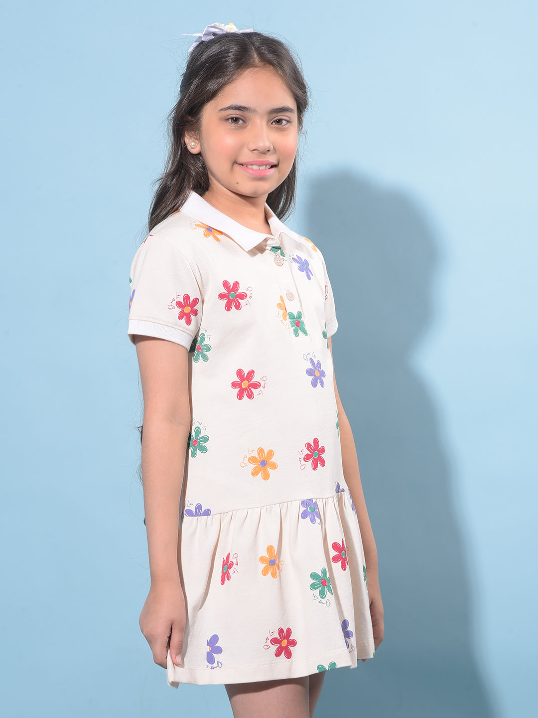 Off White Floral Printed Cotton T-Shirt Dress-Girls Dresses-Crimsoune Club