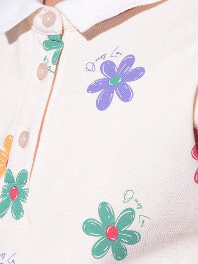 Off White Floral Printed Cotton T-Shirt Dress-Girls Dresses-Crimsoune Club