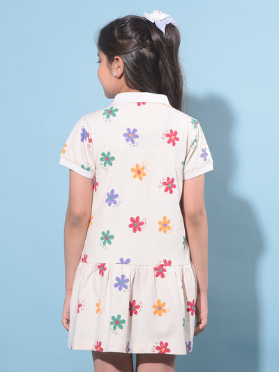 Off White Floral Printed Cotton T-Shirt Dress-Girls Dresses-Crimsoune Club