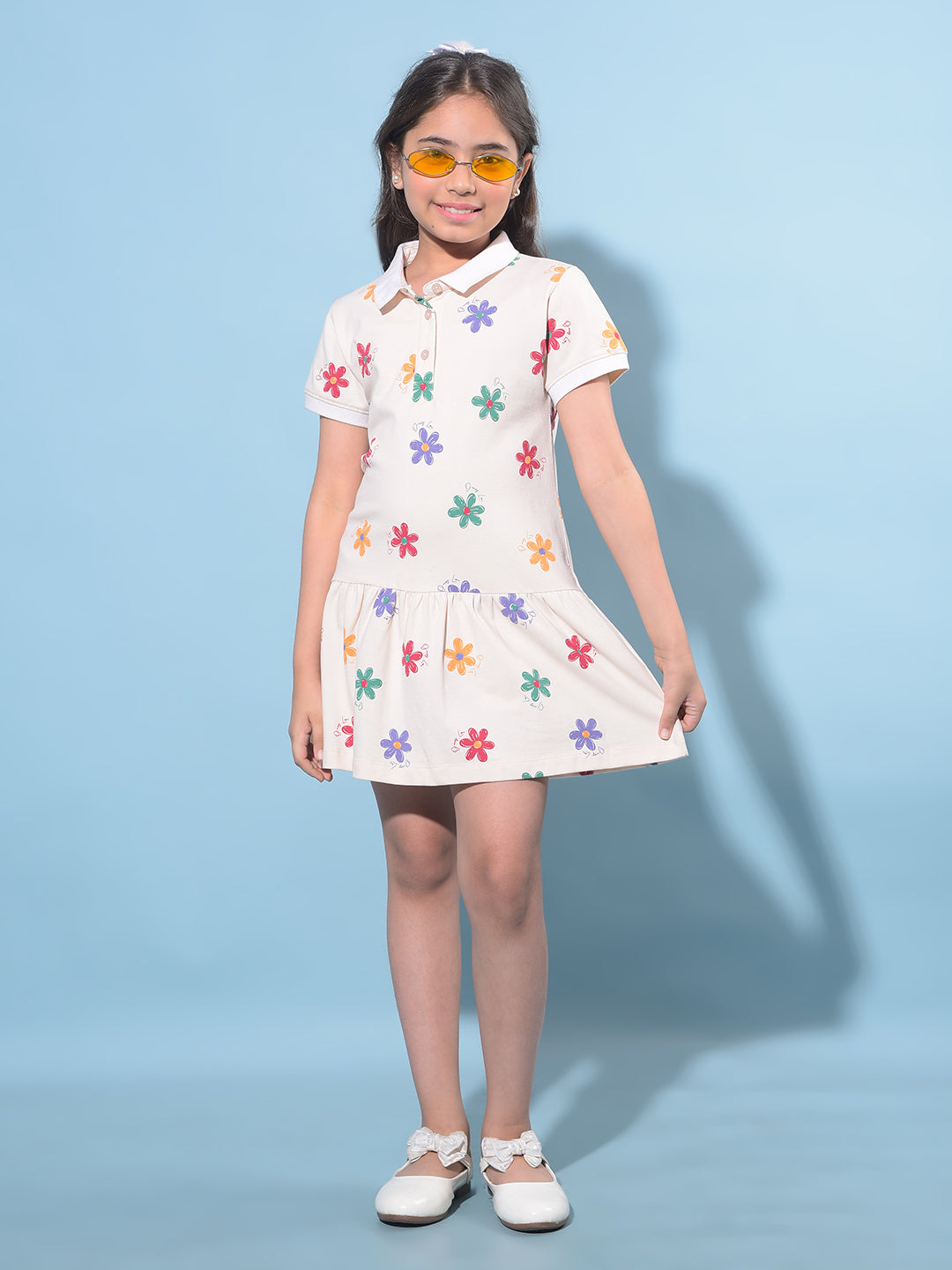 Off White Floral Printed Cotton T-Shirt Dress-Girls Dresses-Crimsoune Club