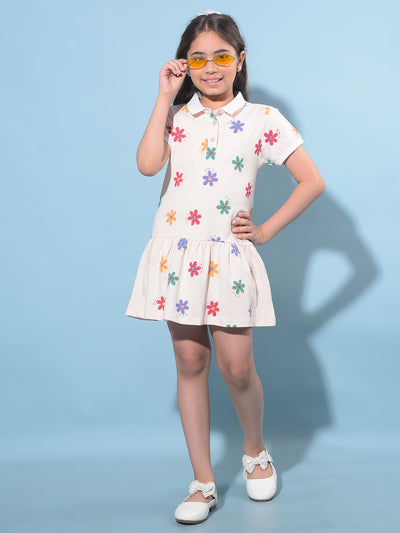 Off White Floral Printed Cotton T-Shirt Dress-Girls Dresses-Crimsoune Club