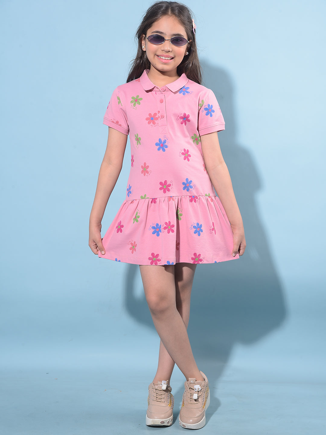 Pink Floral Printed Cotton T-Shirt Dress-Girls Dresses-Crimsoune Club