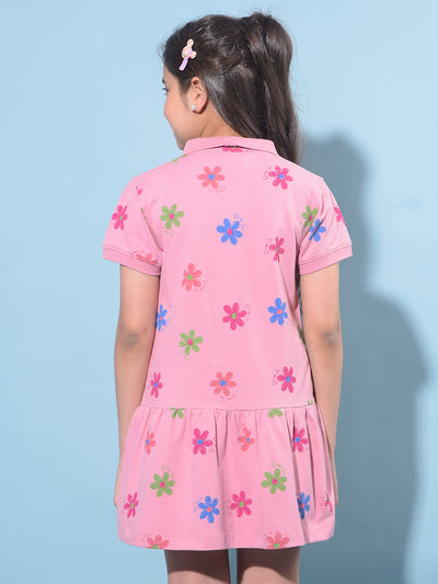 Pink Floral Printed Cotton T-Shirt Dress-Girls Dresses-Crimsoune Club