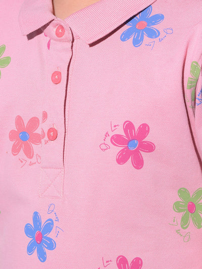 Pink Floral Printed Cotton T-Shirt Dress-Girls Dresses-Crimsoune Club