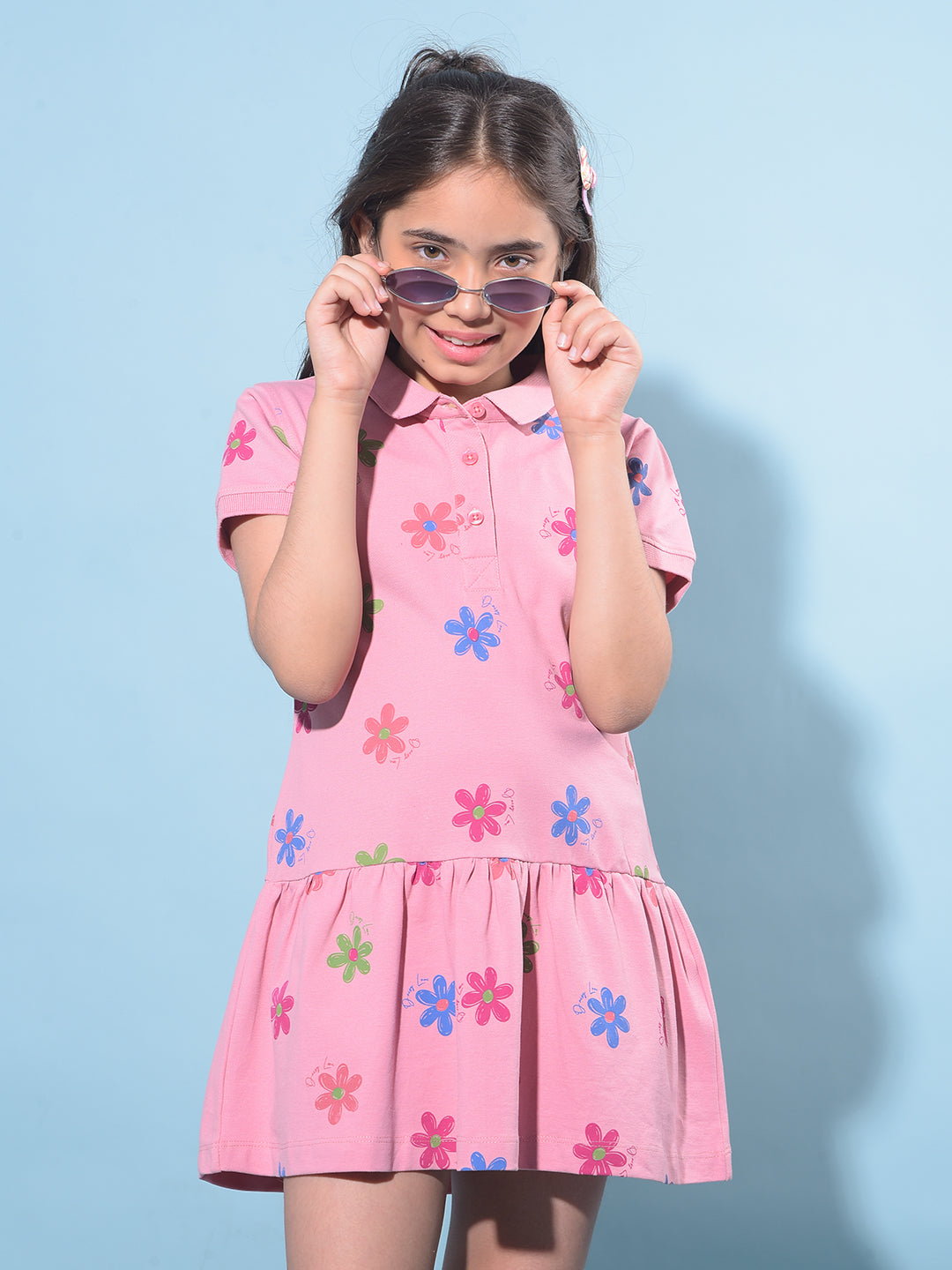 Pink Floral Printed Cotton T-Shirt Dress-Girls Dresses-Crimsoune Club