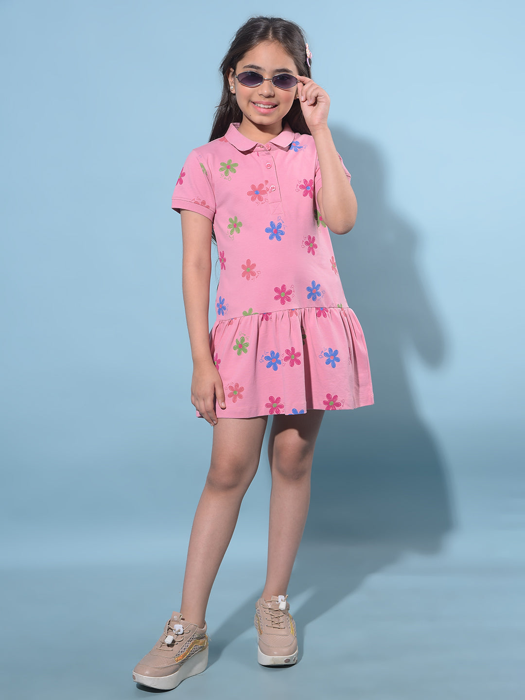 Pink Floral Printed Cotton T-Shirt Dress-Girls Dresses-Crimsoune Club