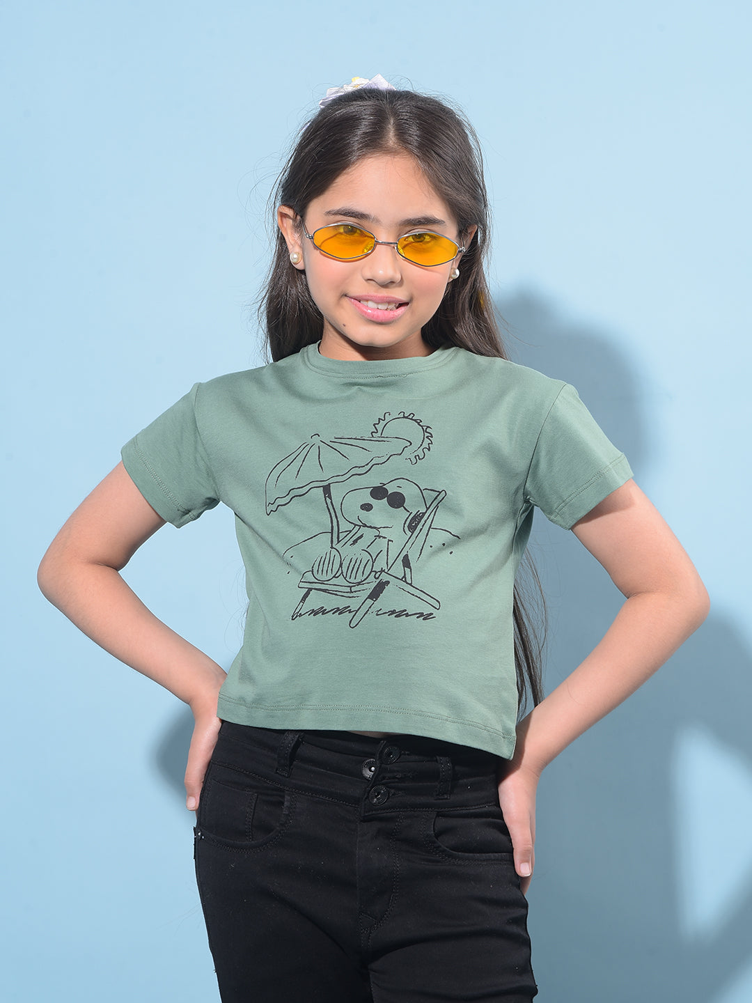 Green Graphic Printed 100% Cotton T-Shirt-Girls T-Shirts-Crimsoune Club