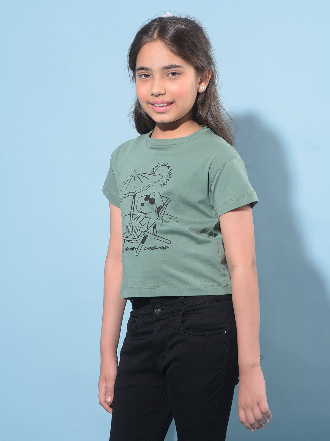 Green Graphic Printed 100% Cotton T-Shirt-Girls T-Shirts-Crimsoune Club