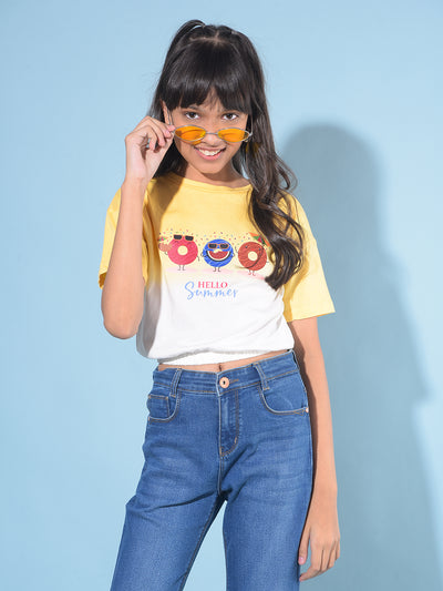 Yellow Graphic Print T-Shirt-Girls T-Shirts-Crimsoune Club