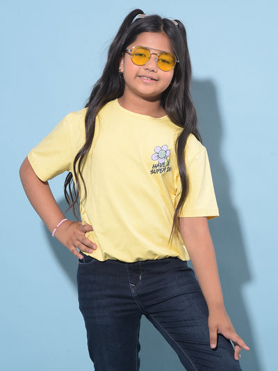 Yellow Graphic Printed Cotton T-Shirt-Girls T-Shirts-Crimsoune Club