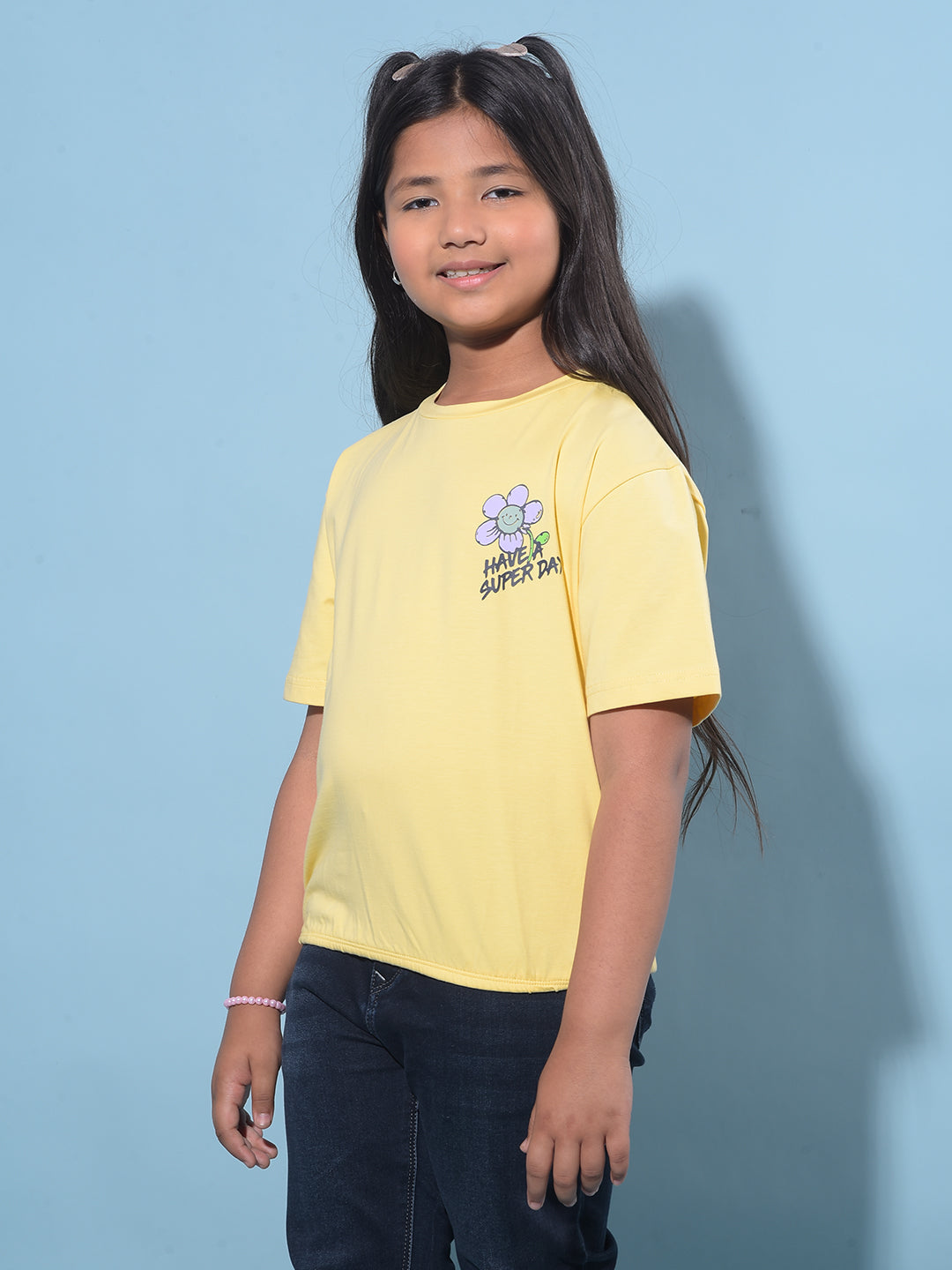 Yellow Graphic Printed Cotton T-Shirt-Girls T-Shirts-Crimsoune Club