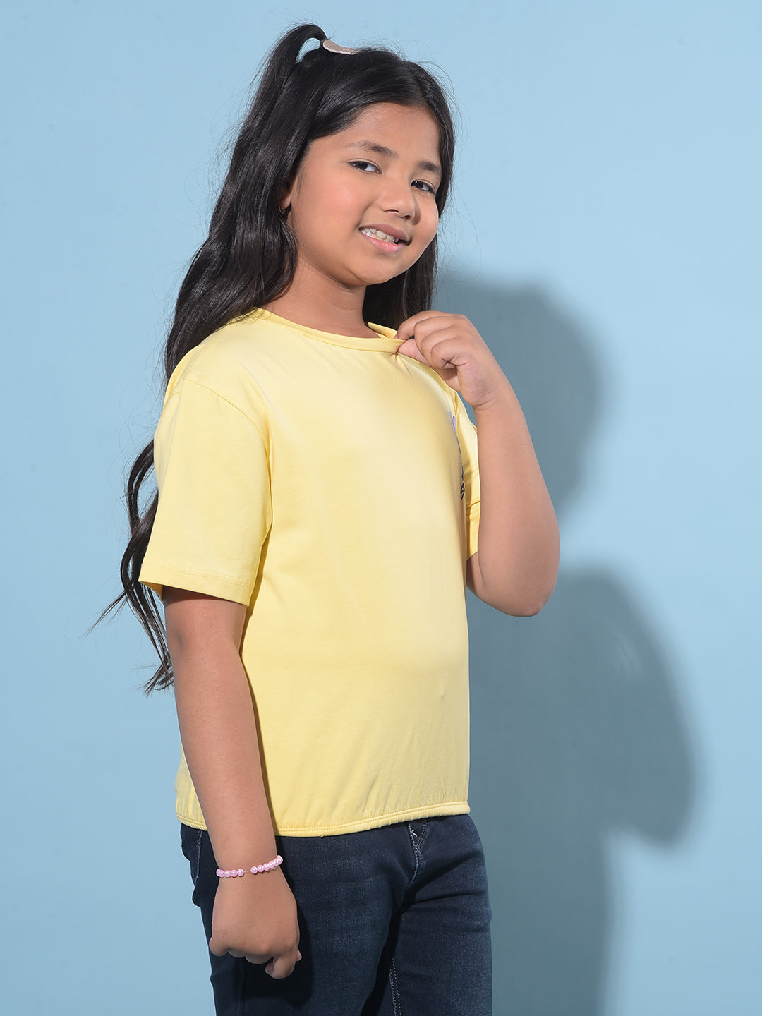 Yellow Graphic Printed Cotton T-Shirt-Girls T-Shirts-Crimsoune Club