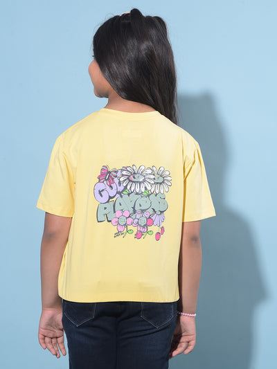 Yellow Graphic Printed Cotton T-Shirt-Girls T-Shirts-Crimsoune Club