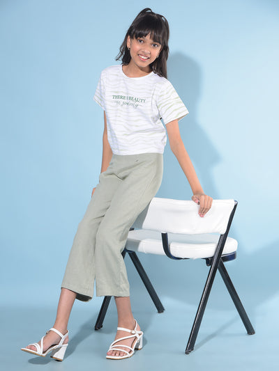 Green Typographic Print Crop Length T-Shirt-Girls T-Shirts-Crimsoune Club
