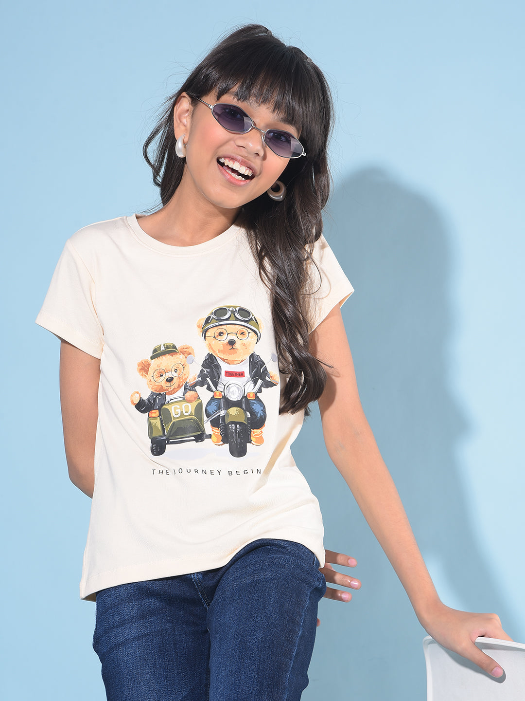 Beige Graphic Print T-Shirt-Girls T-Shirts-Crimsoune Club