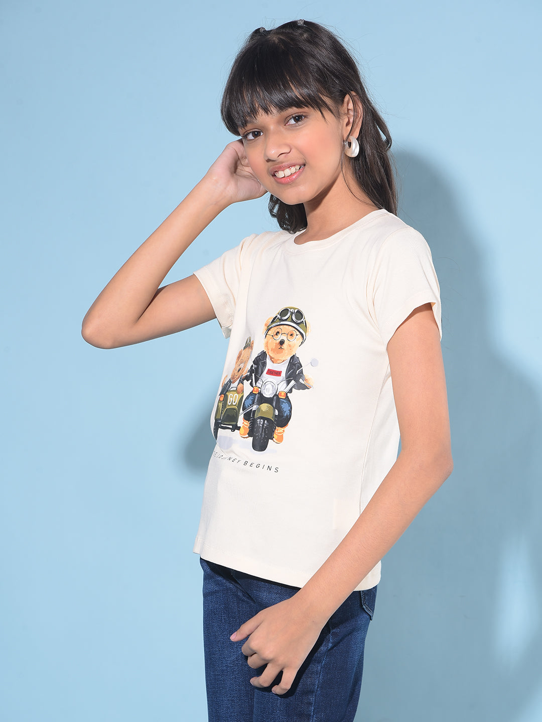 Beige Graphic Print T-Shirt-Girls T-Shirts-Crimsoune Club