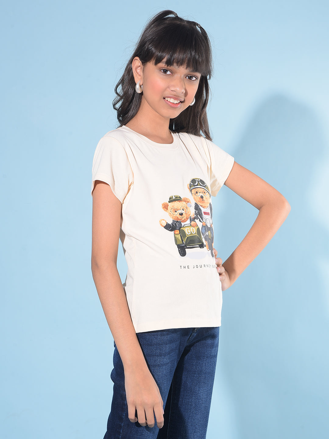 Beige Graphic Print T-Shirt-Girls T-Shirts-Crimsoune Club