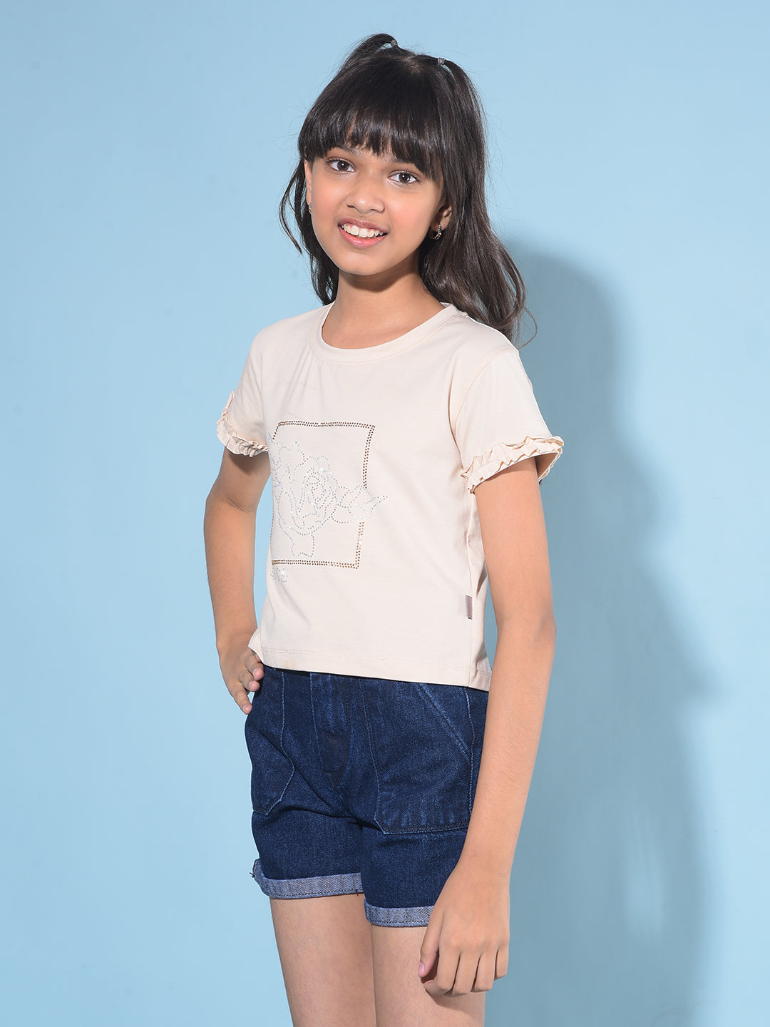 Peach Embellished Cotton T-Shirt-Girls T-Shirts-Crimsoune Club