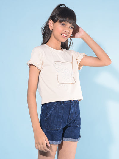 Peach Embellished Cotton T-Shirt-Girls T-Shirts-Crimsoune Club