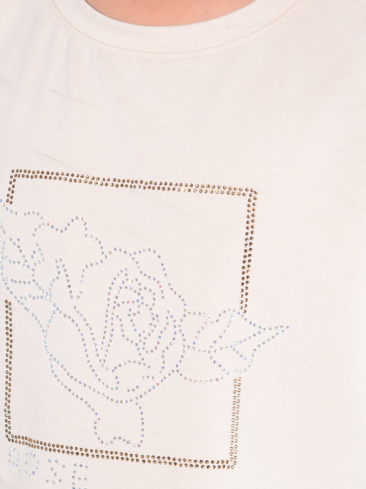 Peach Embellished Cotton T-Shirt-Girls T-Shirts-Crimsoune Club