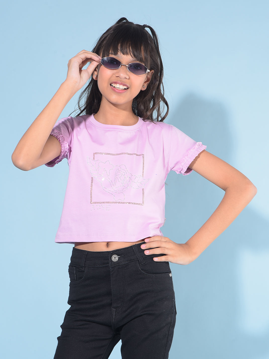 Purple Embellished Crop Length Cotton T-Shirt-Girls T-Shirts-Crimsoune Club