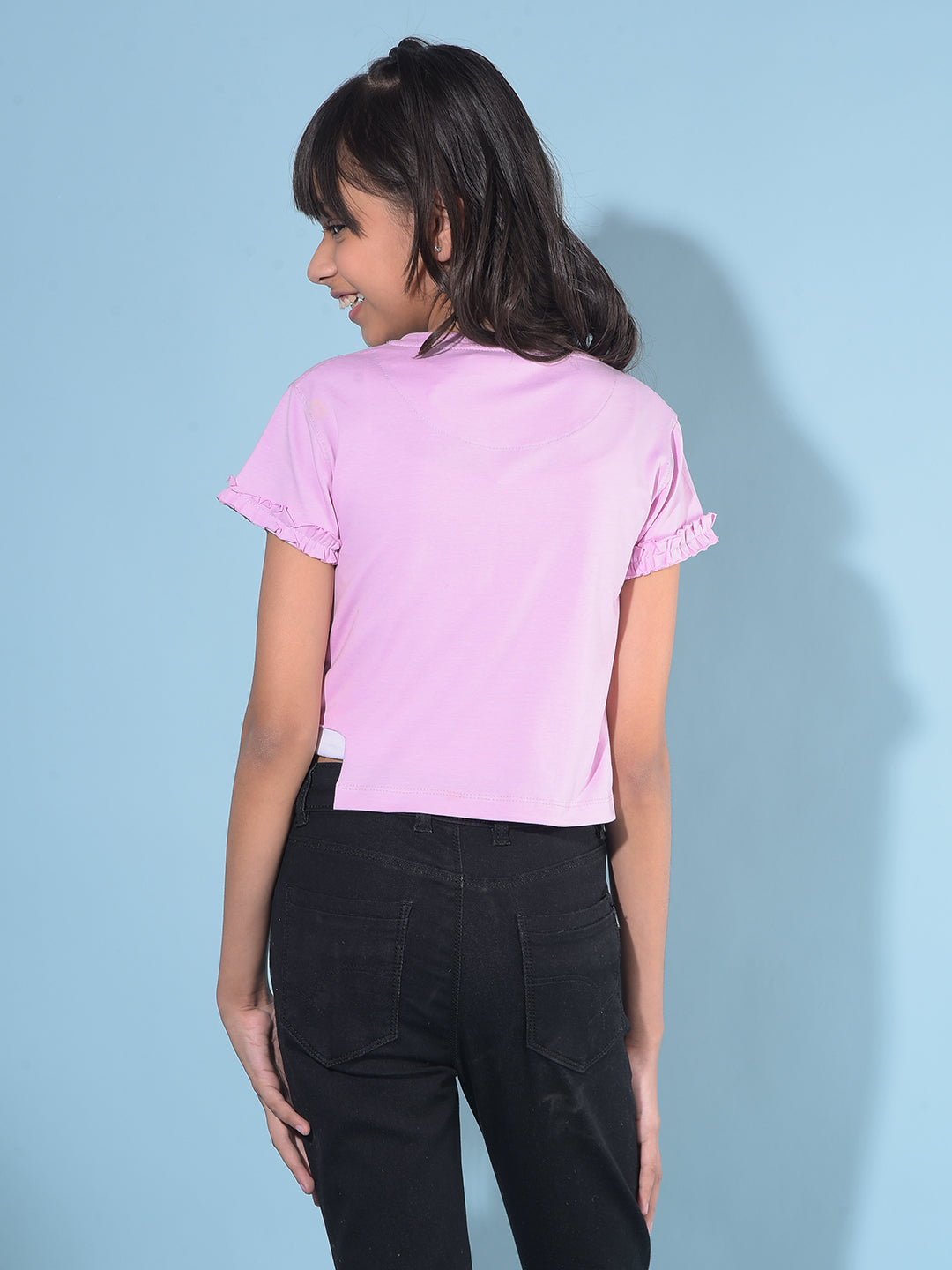 Purple Embellished Crop Length Cotton T-Shirt-Girls T-Shirts-Crimsoune Club
