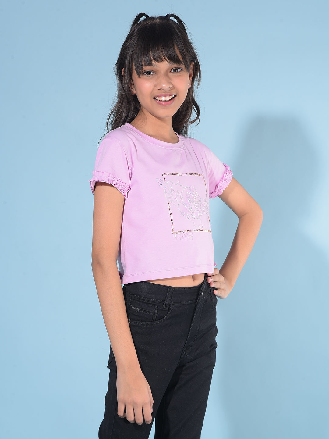 Purple Embellished Crop Length Cotton T-Shirt-Girls T-Shirts-Crimsoune Club