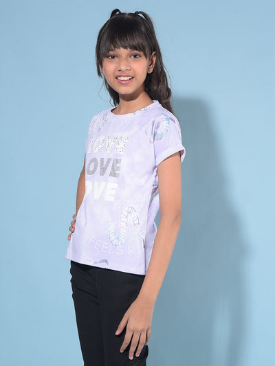 Purple Embellished Cotton Tshirt-Girls T-Shirts-Crimsoune Club