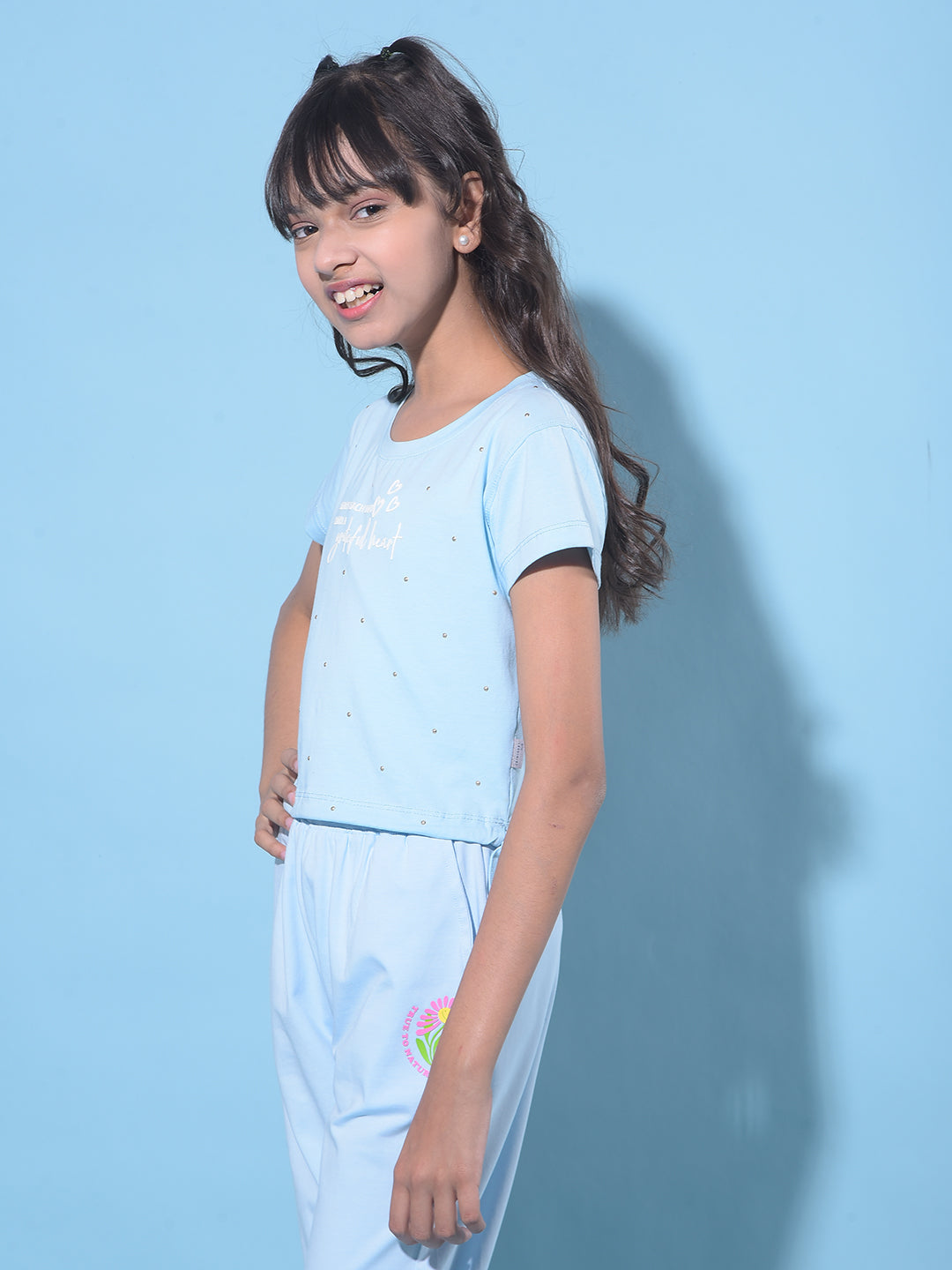 Blue Embellished Cropped T-Shirt-Girls T-Shirts-Crimsoune Club