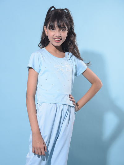 Blue Embellished Cropped T-Shirt-Girls T-Shirts-Crimsoune Club