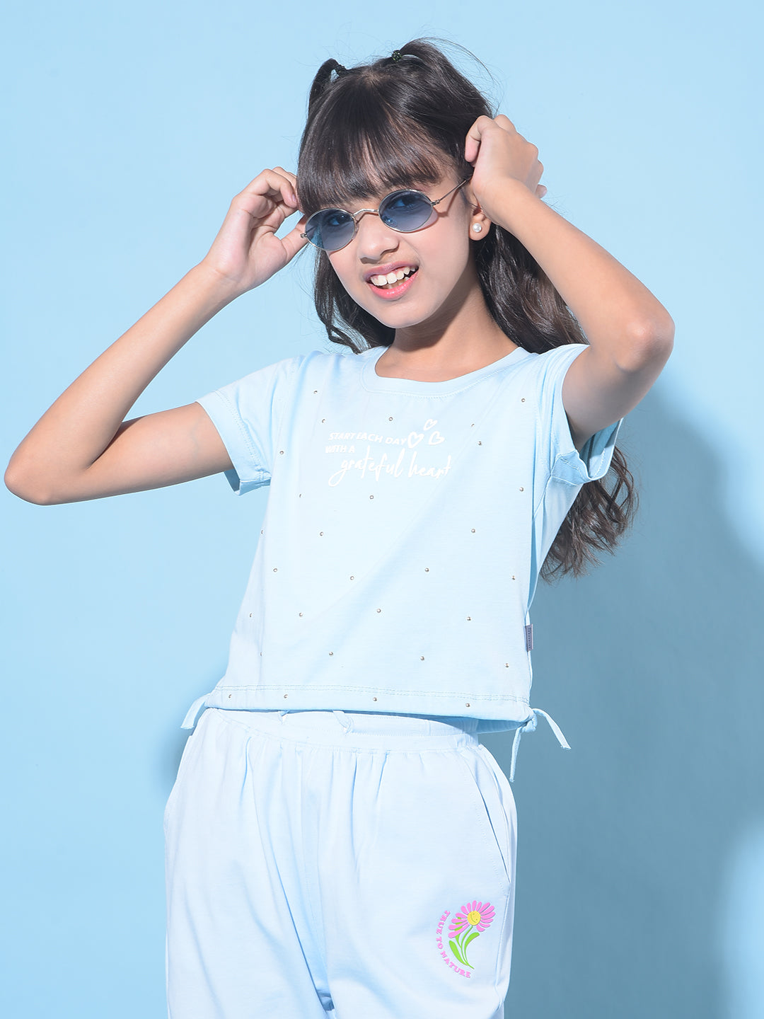 Blue Embellished Cropped T-Shirt-Girls T-Shirts-Crimsoune Club